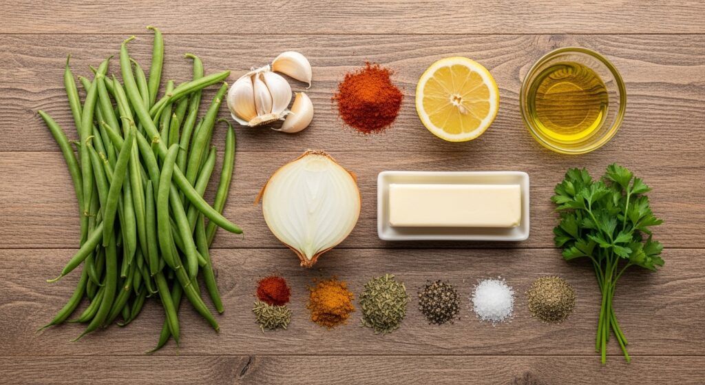 Flat lay of fresh green beans and Cajun spice ingredients on a rustic table.