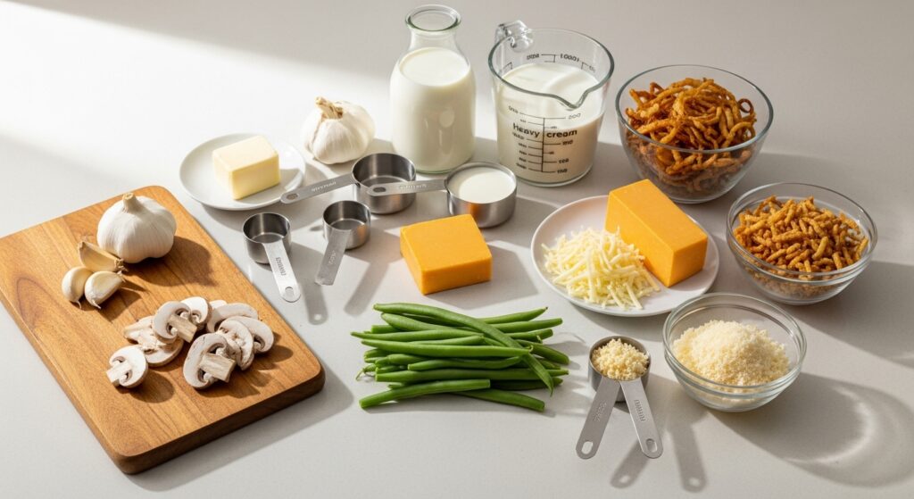 Fresh ingredients for green bean casserole laid out on a kitchen counter.