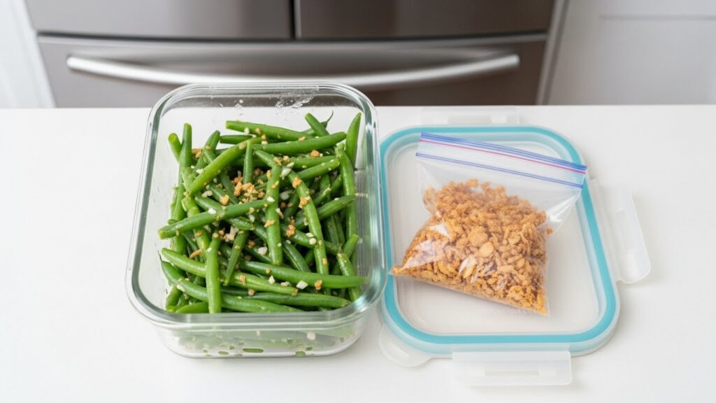 “Leftover green beans stored in airtight container with fried onions kept separately.”