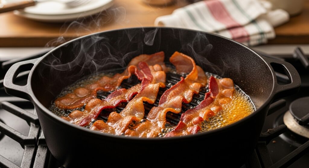 Bacon sizzling in a Dutch oven on the stove