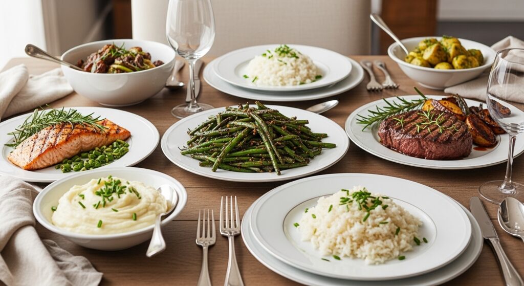 Blackened green beans served with steak, salmon, mashed potatoes, and rice on a dinner table.