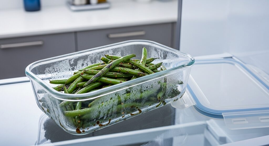 Blackened green beans stored in an airtight meal prep container.