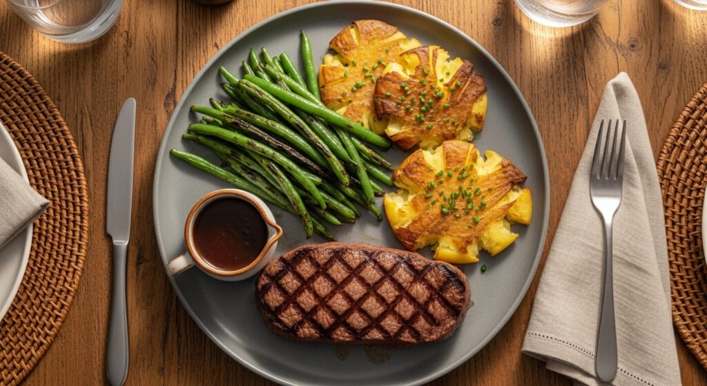 Blackstone green beans served with grilled steak and potatoes on a dinner plate.