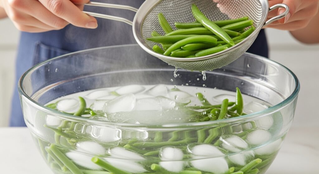 Blanched green beans going into an ice bath to preserve color and crispness.