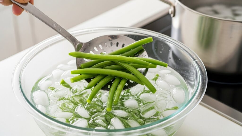 Blanching green beans being transferred into an ice water bath to lock in color and crispness.