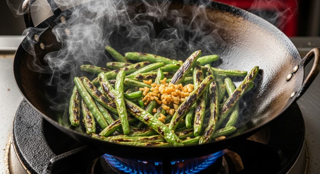 Blistered and charred garlic green beans cooking in a hot wok with visible wrinkled texture.