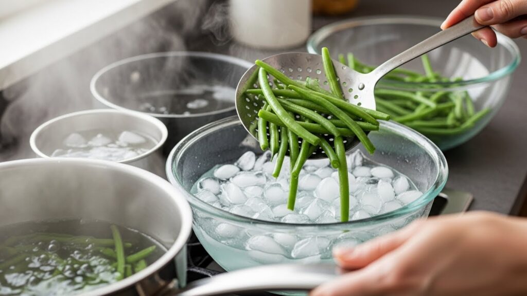 Bright green beans being transferred from boiling water to ice bath to retain color and crispness