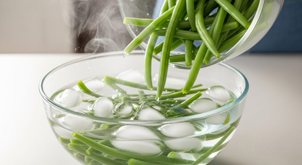 Bright green blanched beans cooling in an ice bath bowl to preserve color and texture.