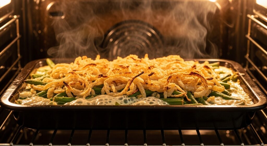 Bubbling casserole fresh out of the oven, golden topping.