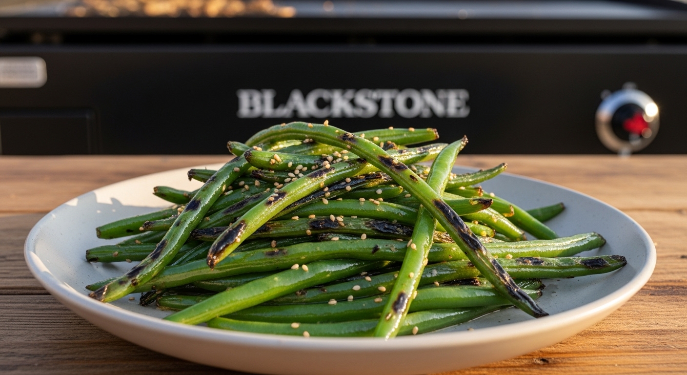 Charred Blackstone green beans served on a rustic plate with smoky caramelized edges.
