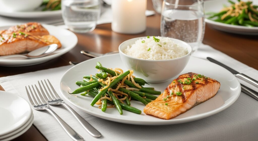 Coconut stir fry green beans served with jasmine rice and grilled salmon on dining table