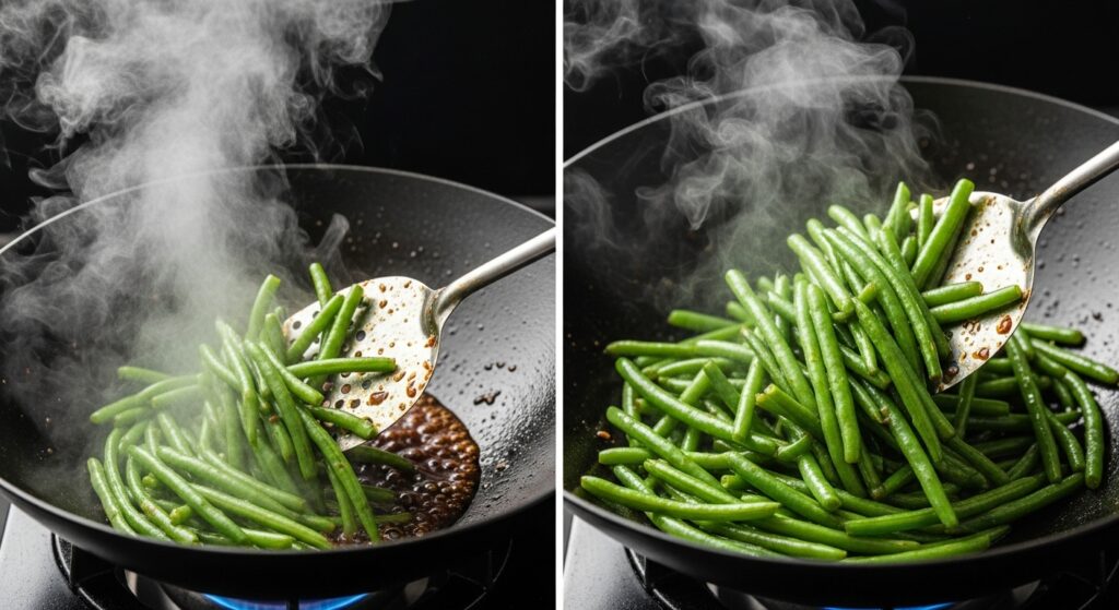 Collage of step-by-step cooking process for stir-fried green beans