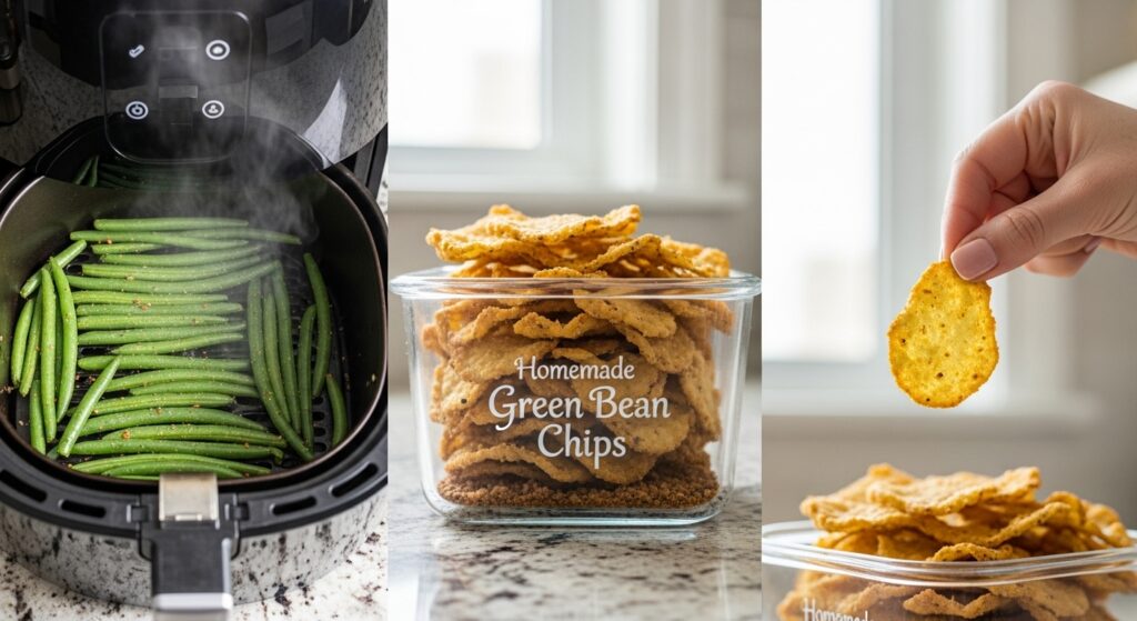 Collage showing air fryer, storage, and serving options for green bean chips