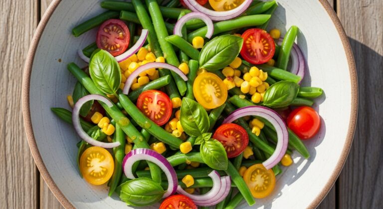 Colorful fresh green bean corn tomato salad in a bowl with basil and dressing on a wooden table.