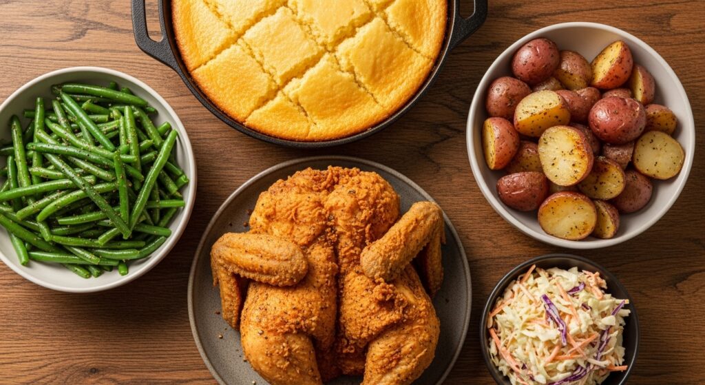 Complete Southern meal with green beans, potatoes, fried chicken, cornbread, and coleslaw