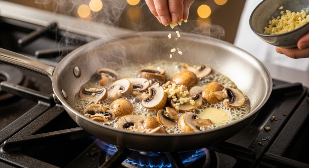 Cook Mushrooms and Add Garlic