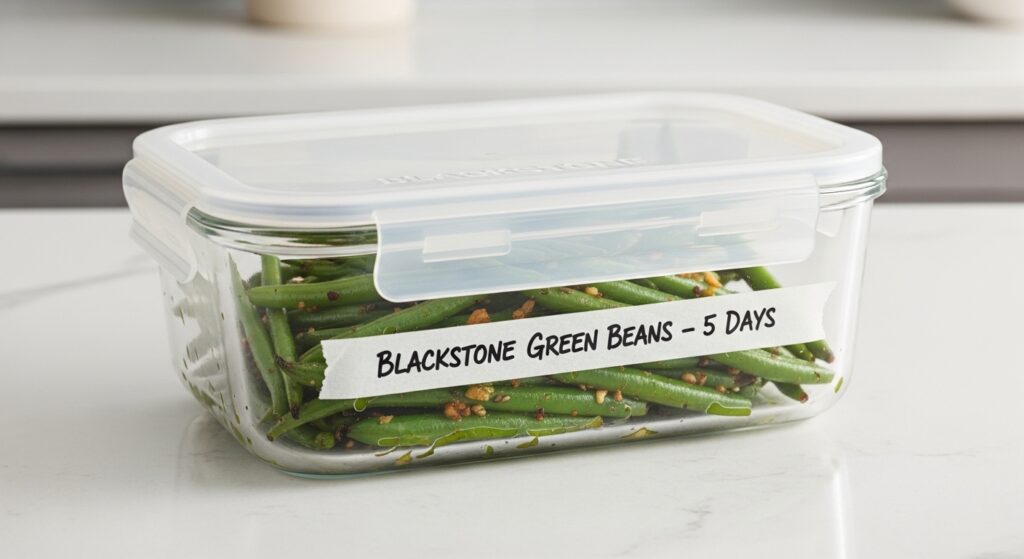 Cooked Blackstone green beans stored in a glass airtight container.