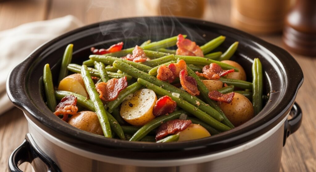 Cooked green beans, potatoes, and bacon in a slow cooker with steam rising