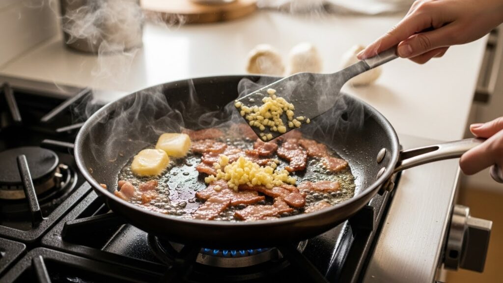 Crispy bacon and minced garlic sizzling in butter in skillet, creating rich flavor base