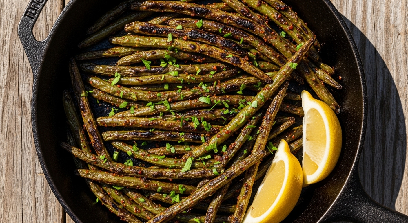 Crispy blackened green beans in a cast-iron skillet with parsley and lemon garnish.