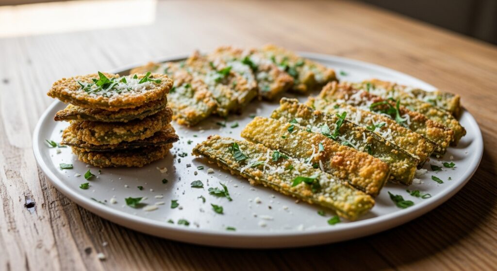 Crispy green bean chips cooling on a plate, garnished with parsley and Parmesan