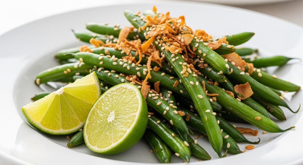 Crispy green beans stir-fry topped with toasted coconut and sesame seeds on a plate