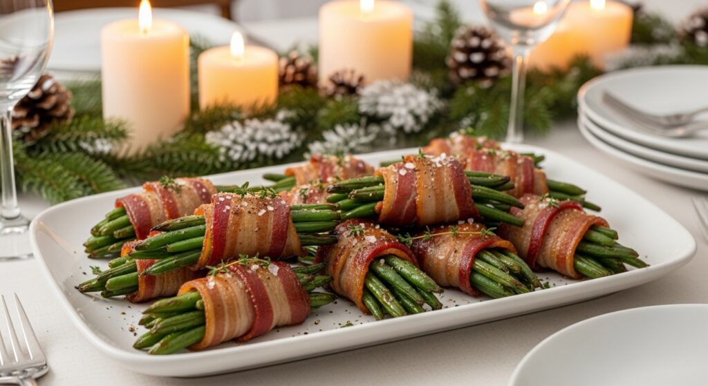 Crispy maple bacon wrapped green bean bundles served on a white platter with festive garnishes.