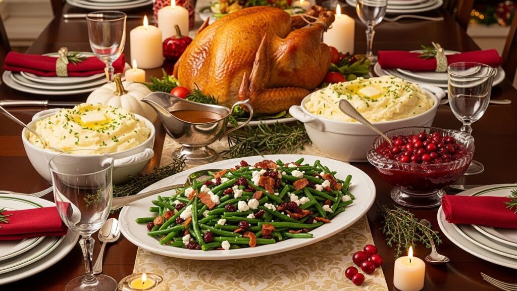Elegant holiday dinner table featuring green bean cranberry bacon side dish with goat cheese