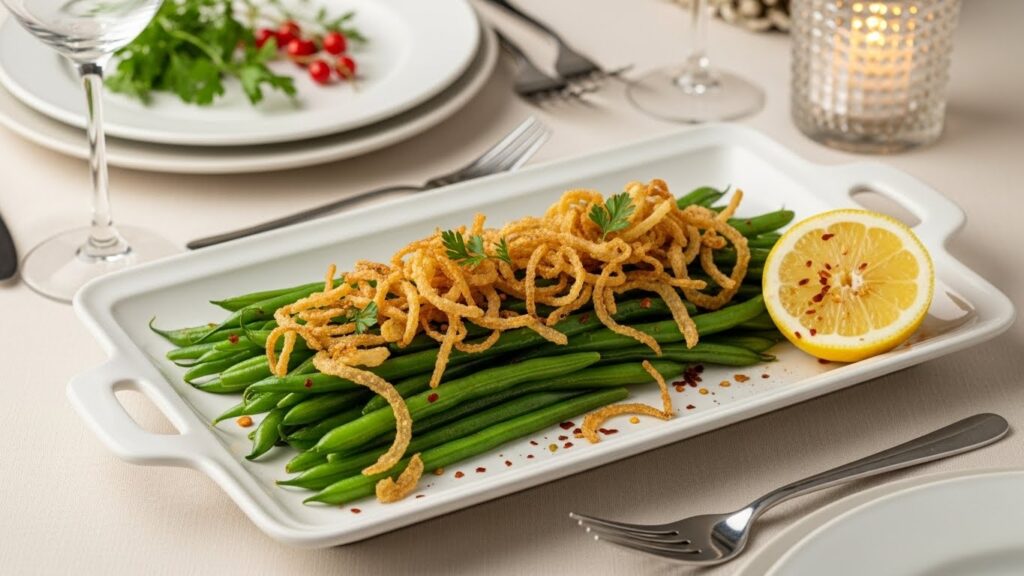 “Elegant serving platter of garlicky green beans topped with golden crispy fried onions, ready to serve.”
