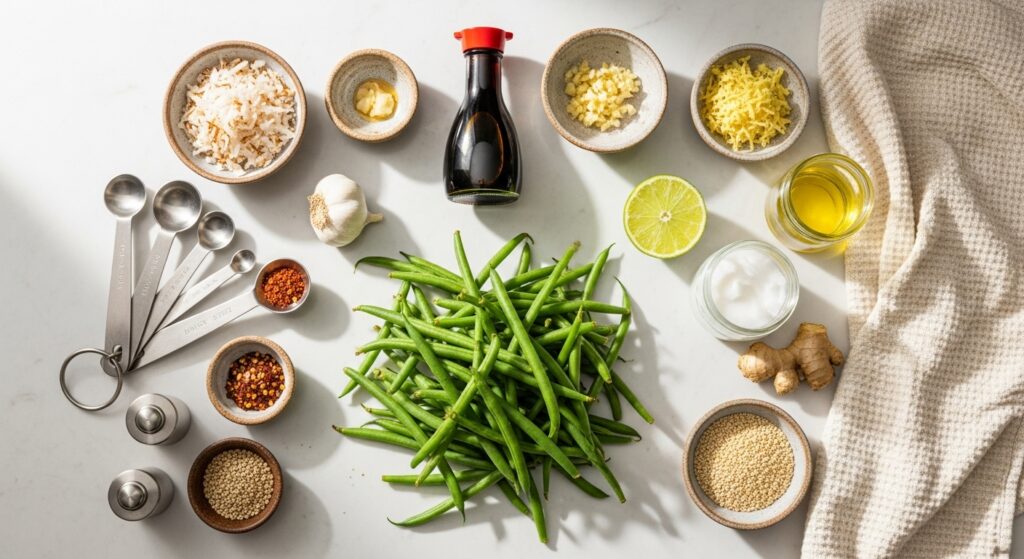 Flat lay of fresh green beans, coconut, garlic, ginger, sauces, and spices on a wooden counter