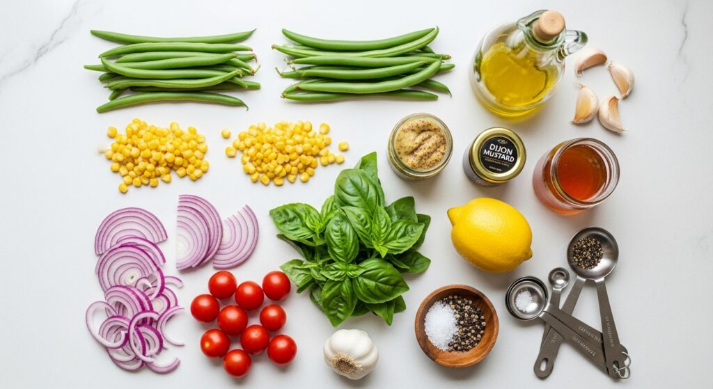 Flat lay of fresh green beans, corn, tomatoes, onion, basil, and dressing ingredients on kitchen counter.