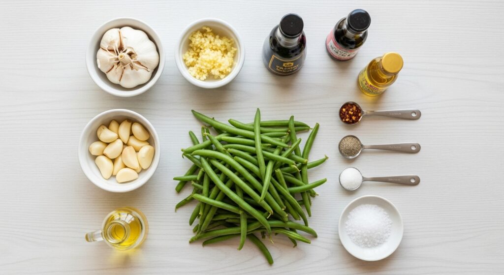 Flat lay of fresh green beans, minced garlic, soy sauce, sesame oil, chili flakes, and seasonings.