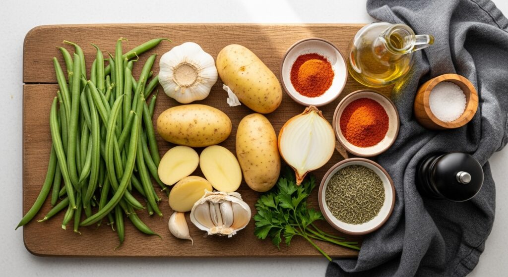 Flat-lay of fresh green beans, potatoes, herbs, and spices for cooking