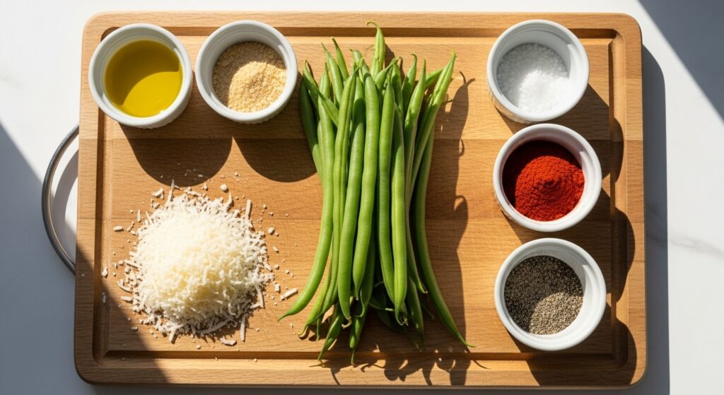 Flat lay of ingredients for green bean chips including fresh green beans, olive oil, spices, and Parmesan