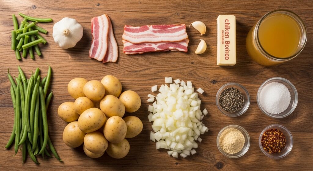 Flat lay of ingredients including green beans, potatoes, bacon, garlic, onion, and spices displayed on a kitchen counter