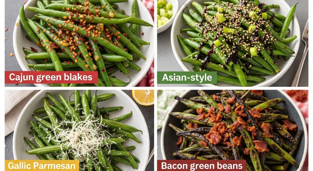 Four variations of Blackstone green beans Cajun, Asian-style, Garlic Parmesan, bacon.
