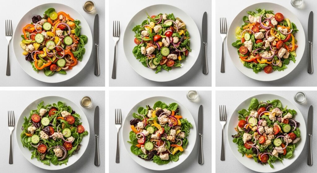 Four variations of the green bean corn tomato salad with feta, chickpeas, peppers, and basil.