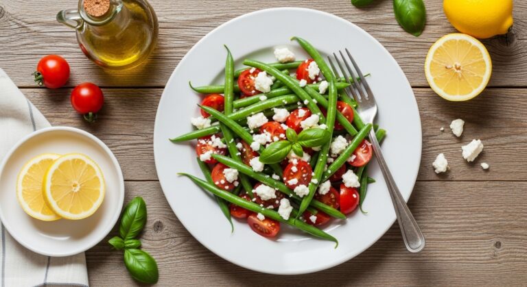 Fresh green bean and tomato salad with feta and basil served on white plate.