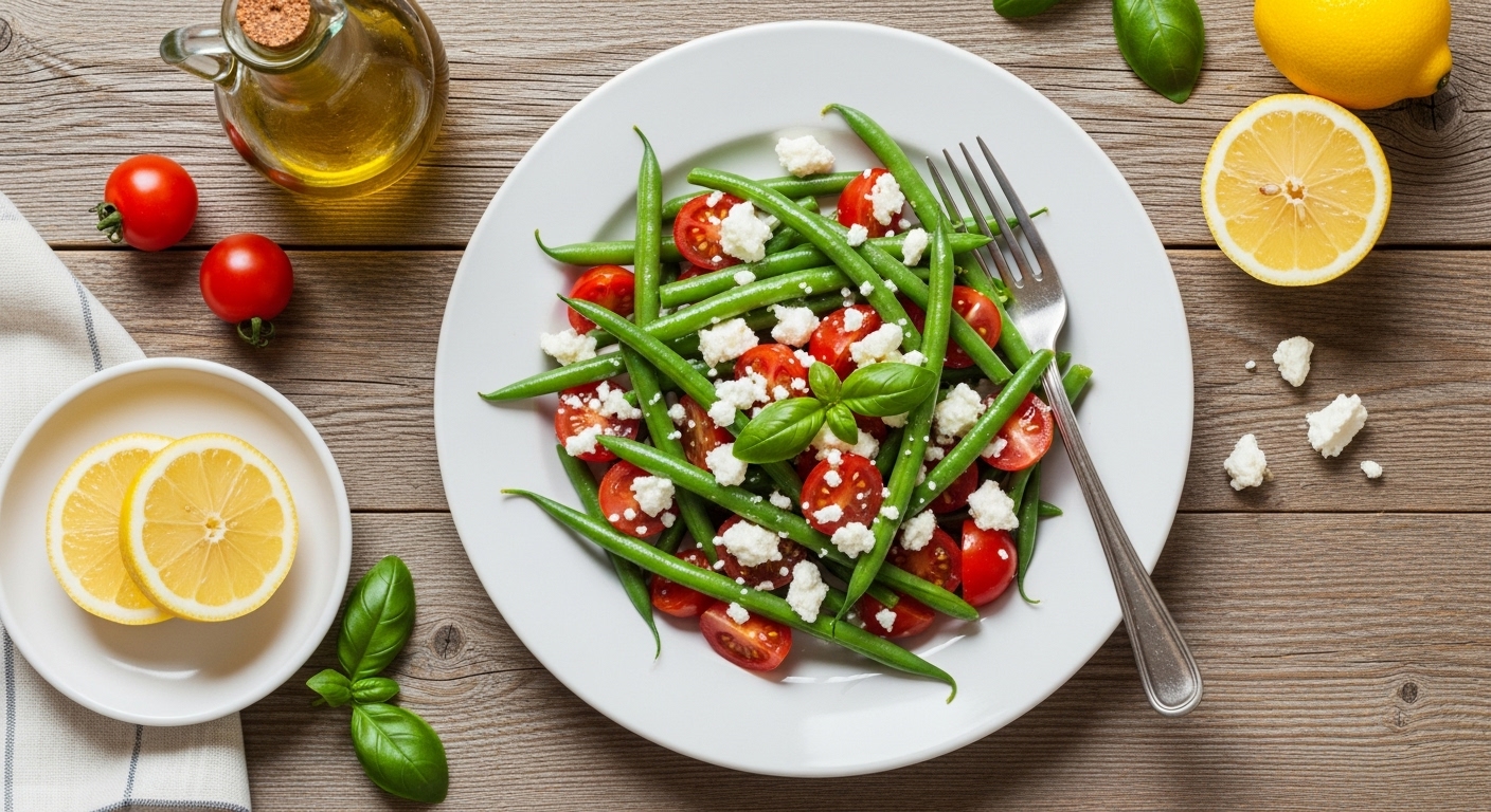 Fresh green bean and tomato salad with feta and basil served on white plate.