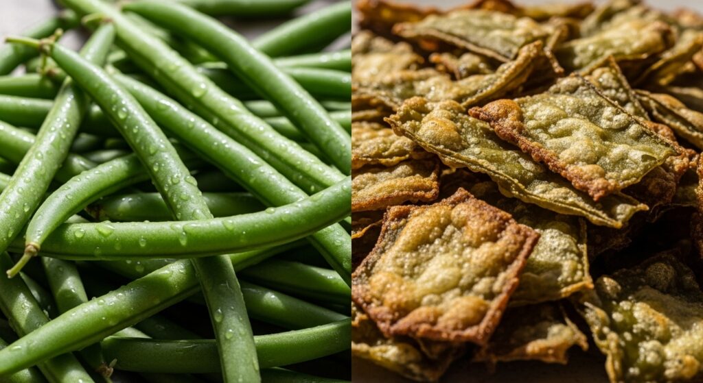Fresh green beans beside golden, crispy baked green bean chips