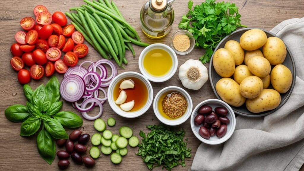 Fresh ingredients for Italian potato salad including potatoes, green beans, cherry tomatoes, herbs, and dressing components