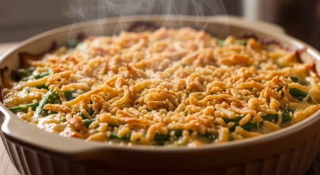 Freshly baked green bean casserole with crispy topping and bubbling creamy sauce.