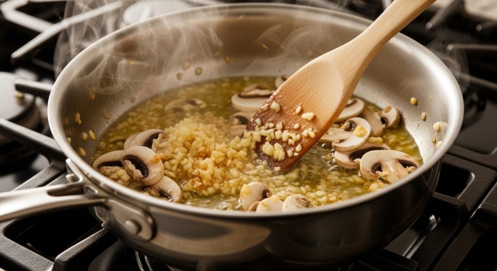 Garlic and mushrooms being sautéed in butter for casserole sauce.