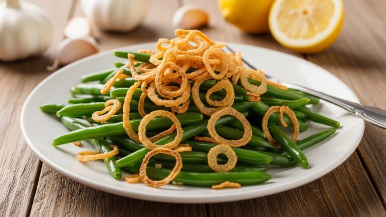 Garlicky green beans topped with crispy golden fried onions served on a rustic plate.
