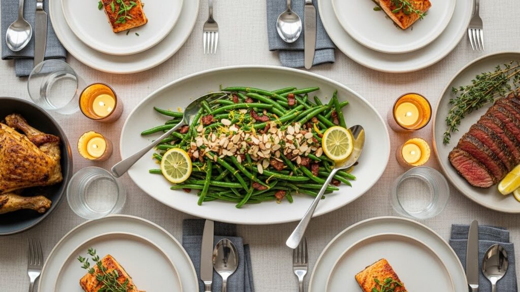 Green Beans Almondine with bacon served alongside roasted chicken and steak on a holiday table.