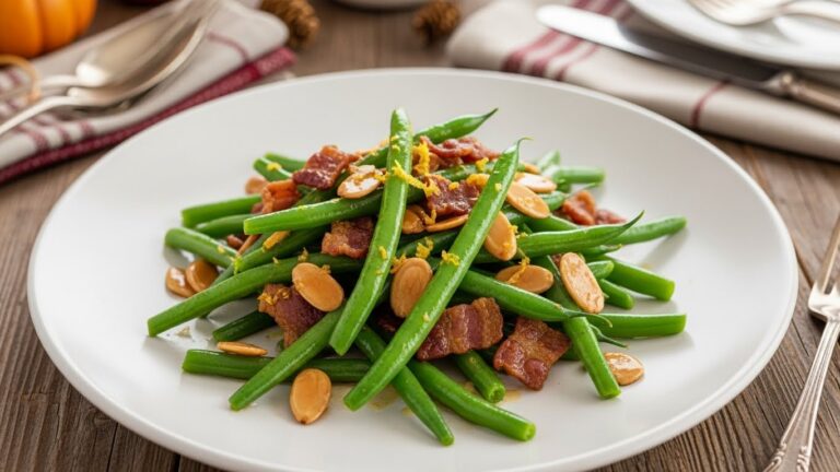 Green Beans Almondine with crispy bacon and toasted almonds served on a rustic table.