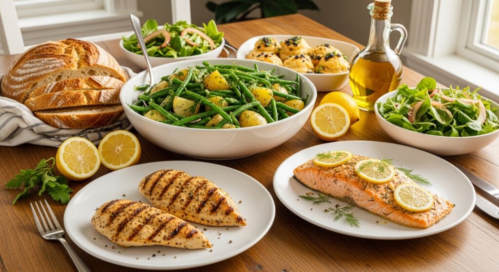 Green bean and potato dish served with grilled chicken and crusty bread