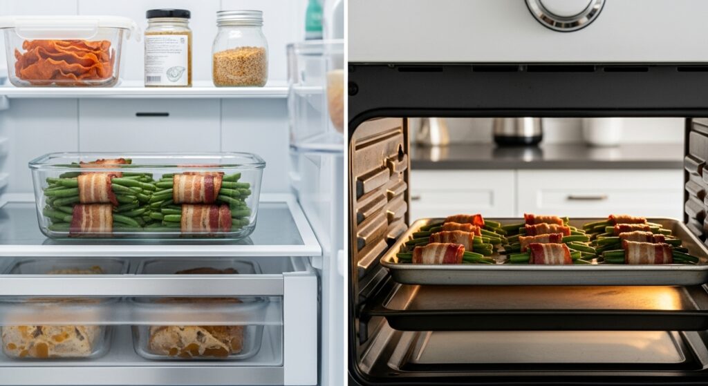 Green bean bundles stored in an airtight glass container and reheated in oven.
