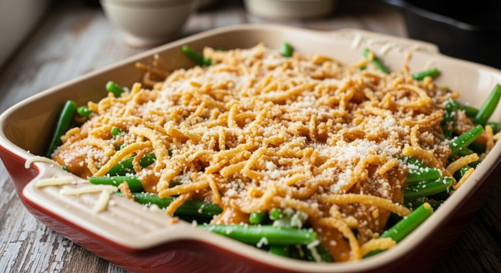 Green bean casserole assembled with creamy sauce and crispy onion topping, ready to bake.