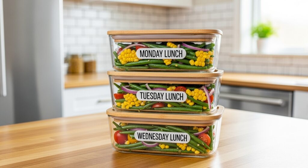 Green bean corn tomato salad stored in glass meal prep containers in fridge.